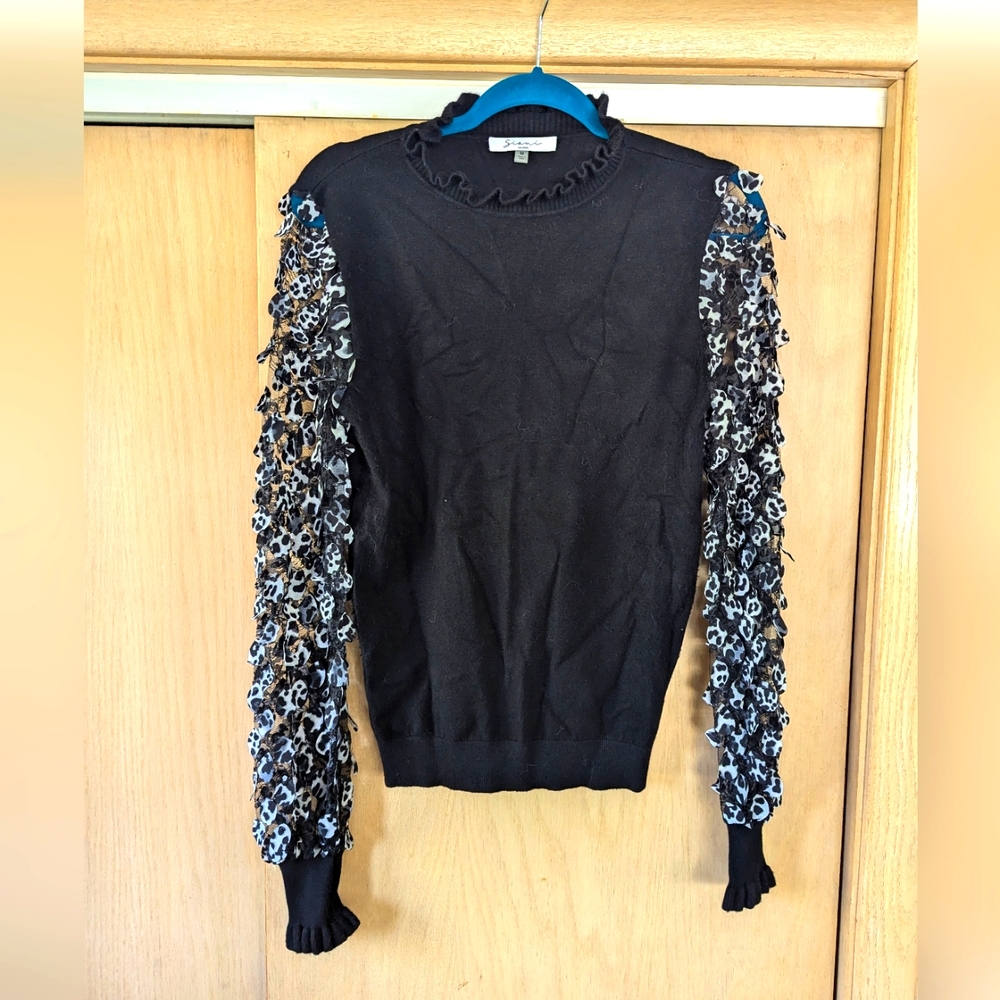 Siani Milano Black Sweater Leopard Print Lace Embellishment Mock Turtleneck